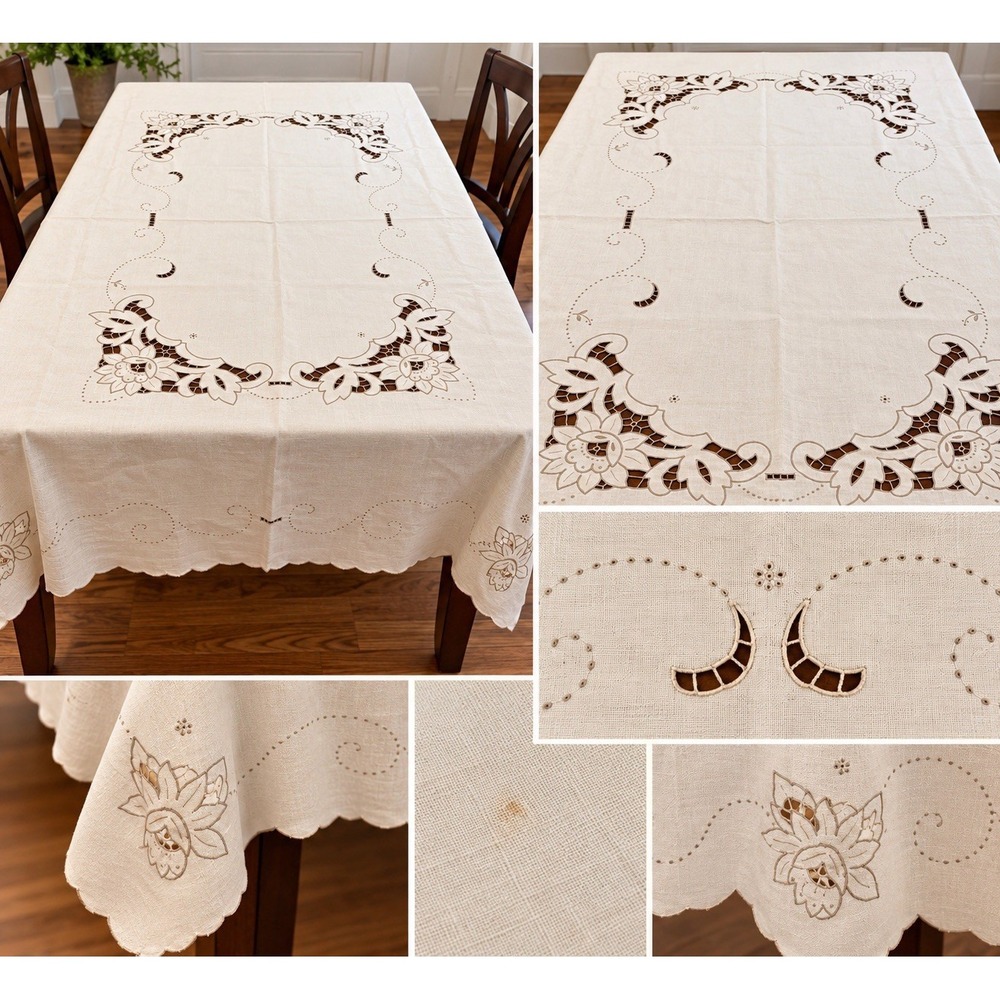 Vintage Off White Tablecloth 78x60Embroidered Cutwork Floral Scalloped Edge